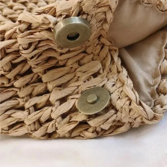 Vacation Vibes khaki straw bag wood handle tote Boho beach - Picture 5 of 8